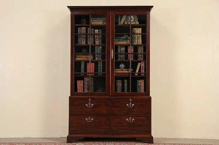 English 1870 Antique Mahogany Bookcase, Wavy Glass Doors, Adjustable Shelves