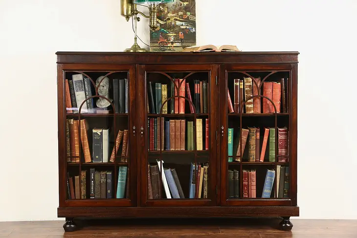 Triple Mahogany 1915 Antique Library Bookcase, Arched Grillwork