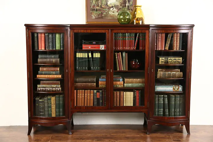 Mahogany 1900 Antique Curved Glass 4 Door Library Bookcase
