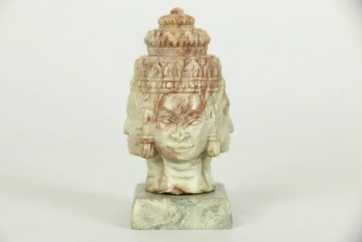 Cambodian Hand Carved Marble 4 Face Sculpture & Base