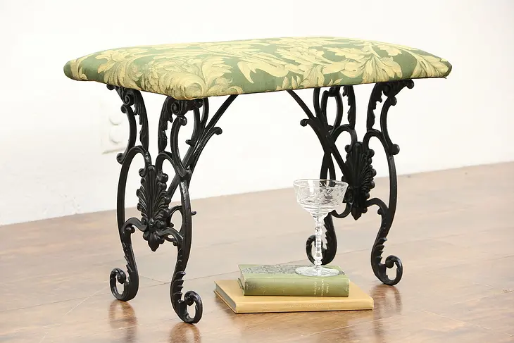 Cast Iron Filigree 1915 Antique Bench, New Upholstery