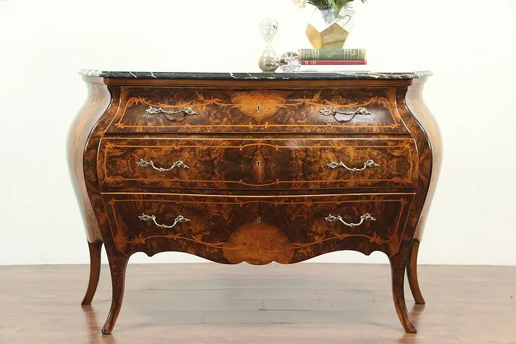 Walnut Marquetry Antique Bombe Chest, Dresser or Commode, Italy #29077
