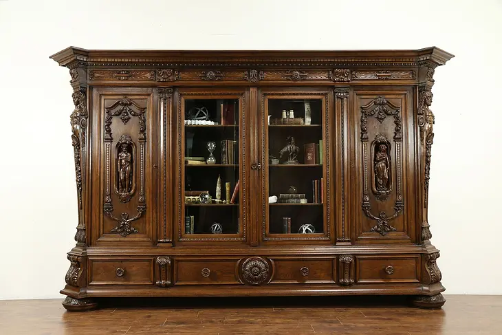 Oak Antique German Monumental 11' 4" Library Bookcase, Carved Figures #31352
