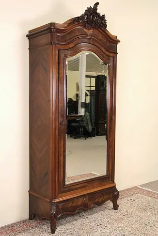 Rosewood French 1910 Antique Carved Armoire, Beveled Mirror Door, Secret Drawer