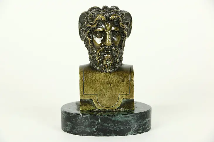 Bronze Antique Bust of a Greek Satyr, Companions of Dionysus, Marble Base Statue