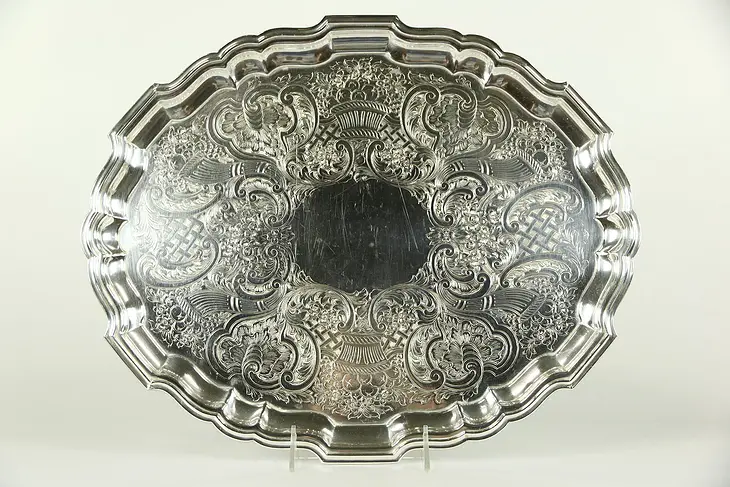 Chippendale Vintage Oval Engraved Silverplate Tray, England