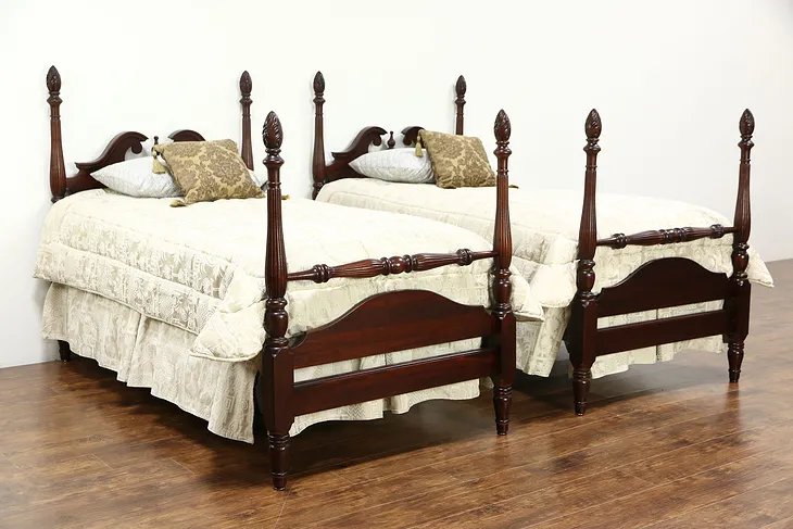 Pair Traditional Mahogany 4 Poster Vintage Twin Beds, Carved Flame Finials