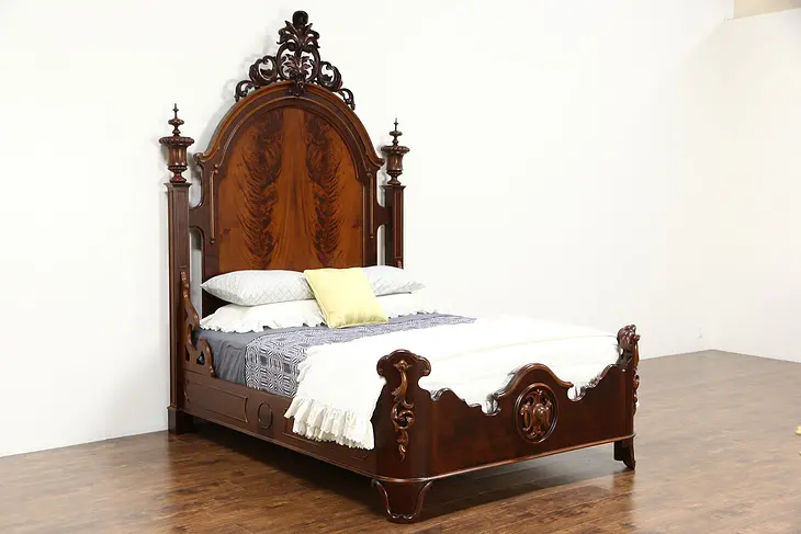 Victorian Hand Carved 8' 7" Tall Antique 1860's Bed Adapted to Queen Size #24700
