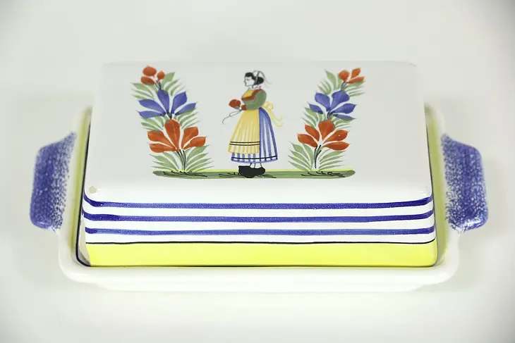 Quimper Signed Hand Painted Covered Butter Dish, Chipped