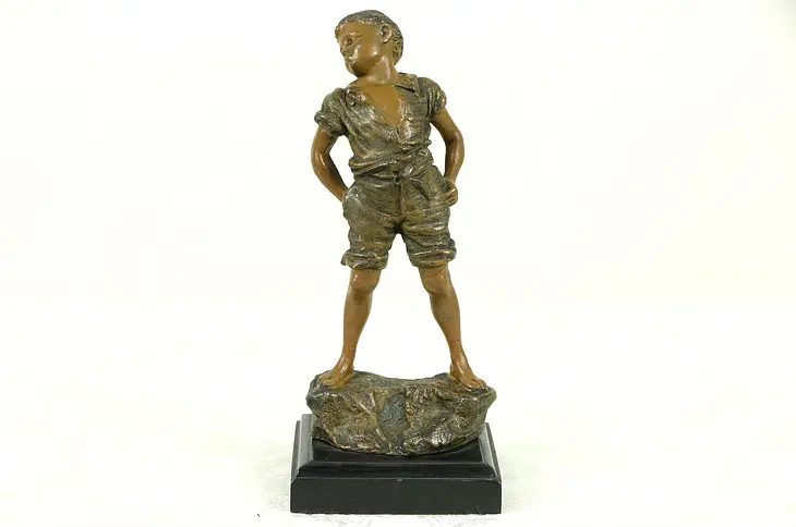 Statue of a Boy, Hand Painted 1900 Antique Sculpture, Signed Carl Kaube