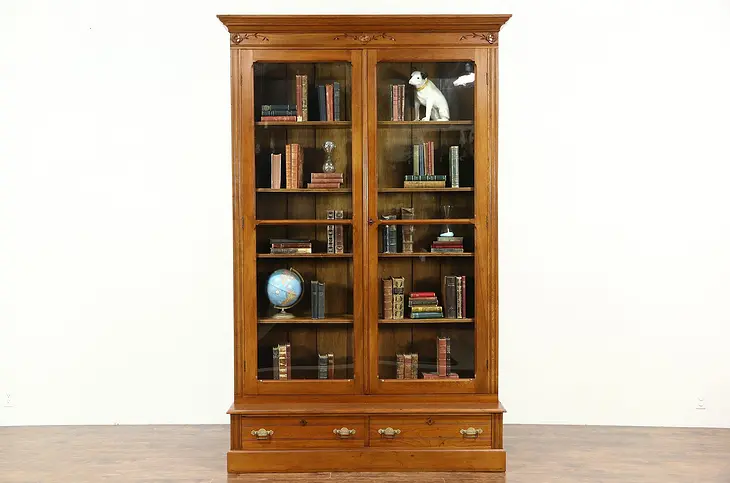 Victorian Eastlake 8' 7" Tall Carved Walnut Antique 1890 Library Bookcase
