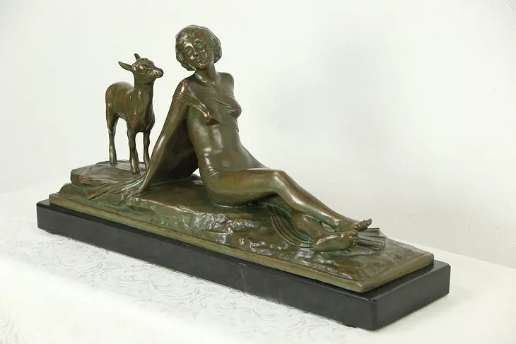 French Art Deco 1925 Bronze Sculpture of Young Lady & Lamb, Signed Rochard