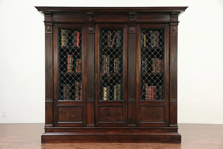 Renaissance Italian Antique Walnut Library Bookcase, 3 Iron Grill Doors #29346