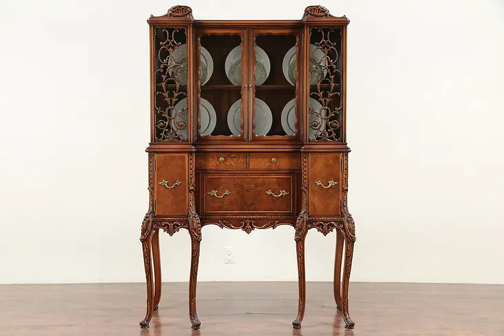 Carved Walnut and Marquetry Vintage China or Curio Display Cabinet #29619