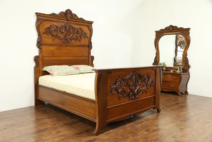 Victorian Carved Oak 1900 Antique 2 Pc. Queen Size Bedroom Set #31187