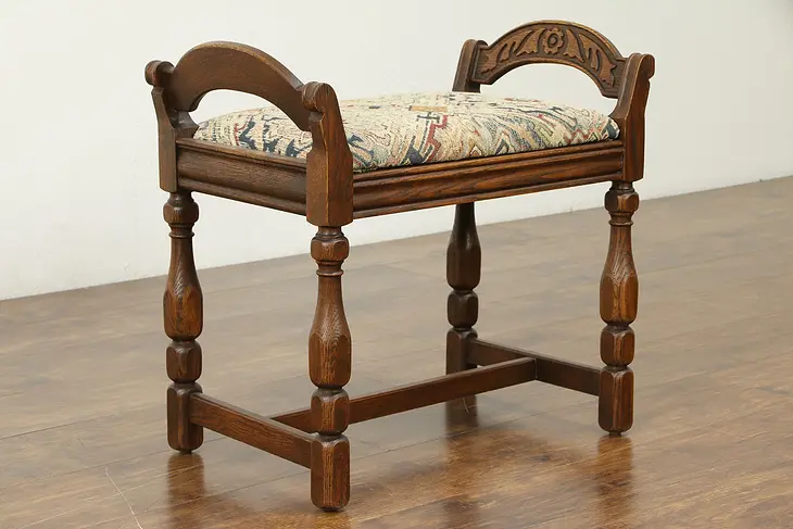 English Tudor Antique Oak Bench with Arms, New Upholstery #31439