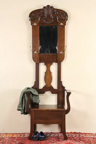 Oak 1900 Antique Hall Seat or Bench, Beveled Mirror & Hooks