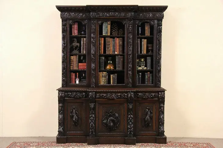 Black Forest Carved Oak 1880 Antique Bookcase China Cabinet
