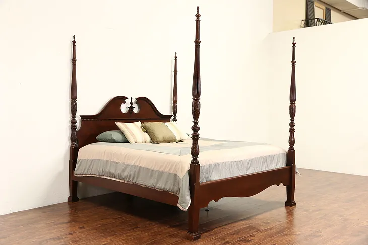 King Size Rice Plantation 4 Poster Bed, Carved Mahogany & Cherry