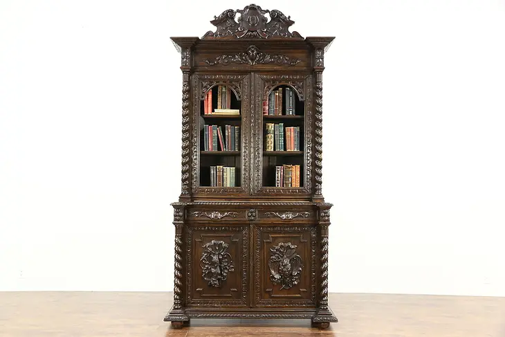 Black Forest Antique 1890 Oak Bookcase or China Cabinet Carved Bird & Game Motif