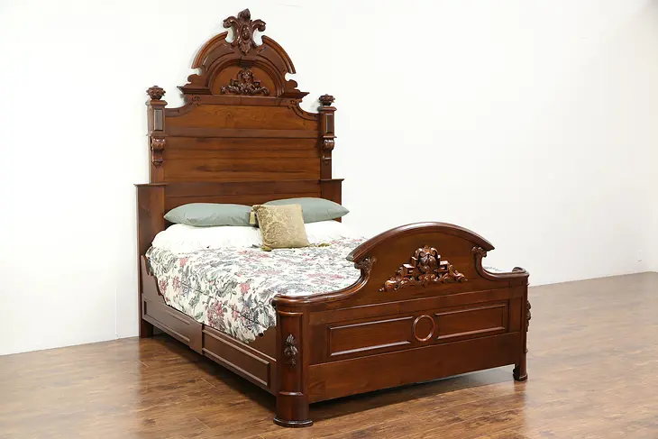 Victorian Antique 1870's Hand Carved Walnut Queen Size Bed