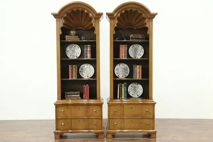 Pair of Oak Shell Carved Vintage Bookcases or Display Cabinets, Drexel #28832