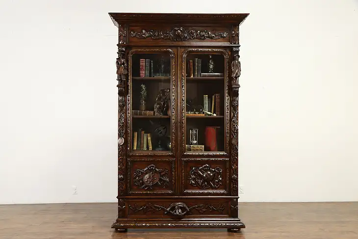 Black Forest Antique Oak Bookcase, or China, Grape, Art & Maritime Motifs #34555