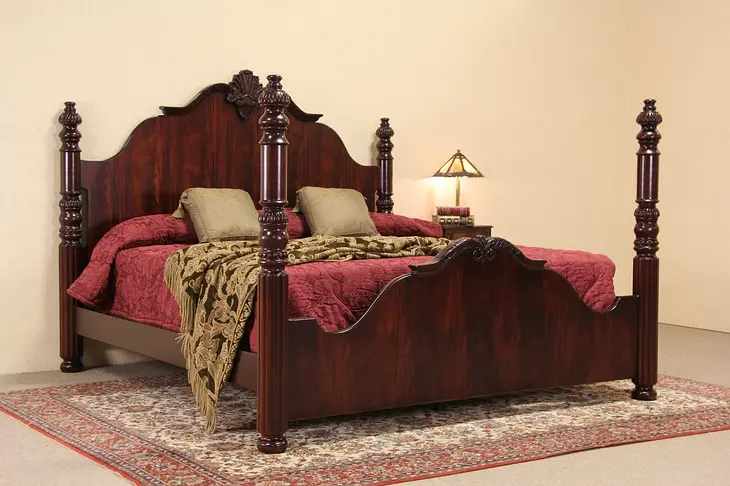 Carved Vintage King Size Mahogany Poster Bed