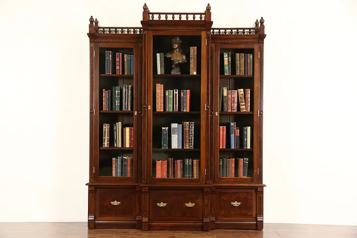 Victorian Eastlake 1880's Antique Walnut Triple Library Bookcase