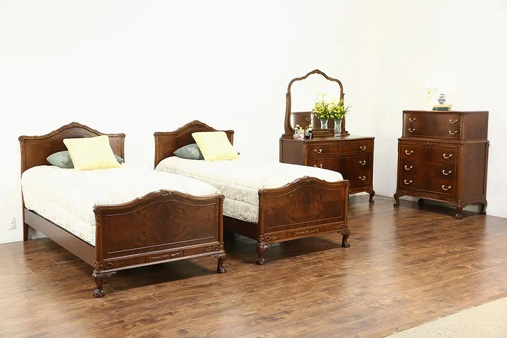 Carved Walnut & Burl 1920's Antique 4 Pc. Bedroom Set, Twin Beds