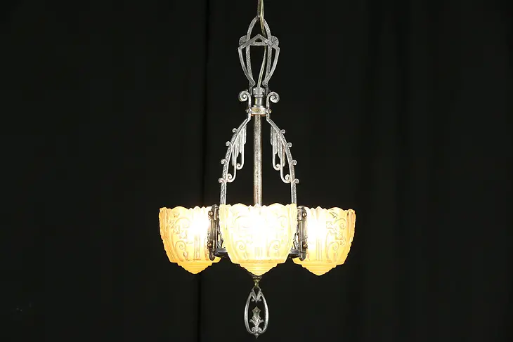 Antique Art Deco 1925 Chandelier, Etched Glass Shades, Pewter Finish