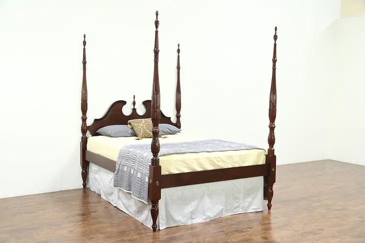 Rice Plantation 4 Poster Carved Mahogany Vintage Queen Size Bed, Craftique