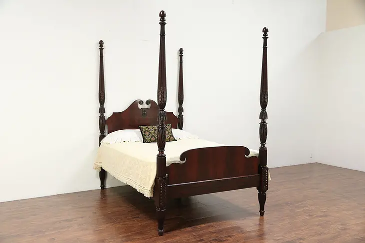 Queen Size Antique Acanthus Carved Mahogany 4 Poster Bed #29588