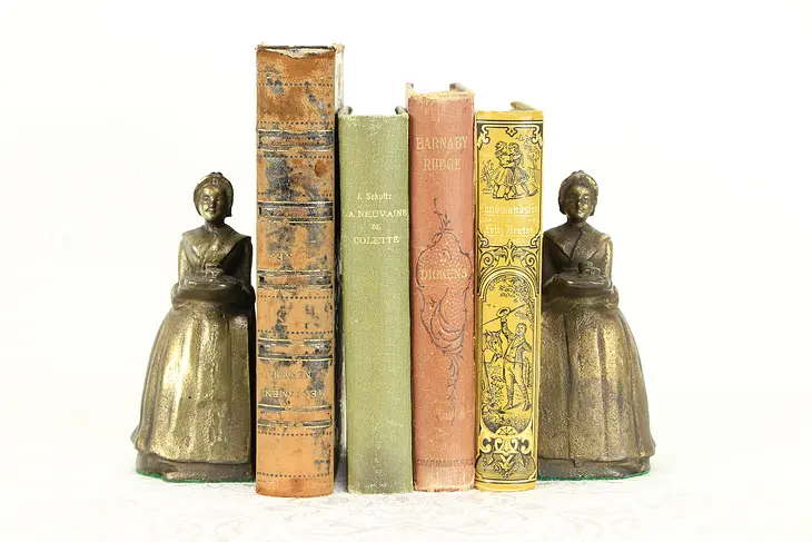 Pair Antique Serving Girl Cast Iron Bookends, Bronze Finish #30333