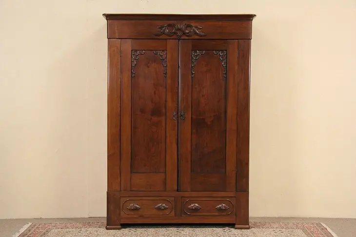 Victorian Grapevine Carved Walnut 1860 Antique Armoire or Closet
