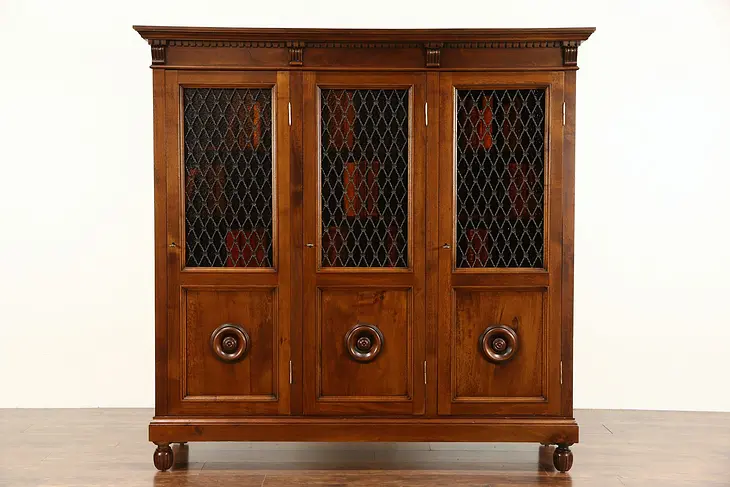 Italian 1910 Antique Triple Library Bookcase with Iron Grills & Stained Glass