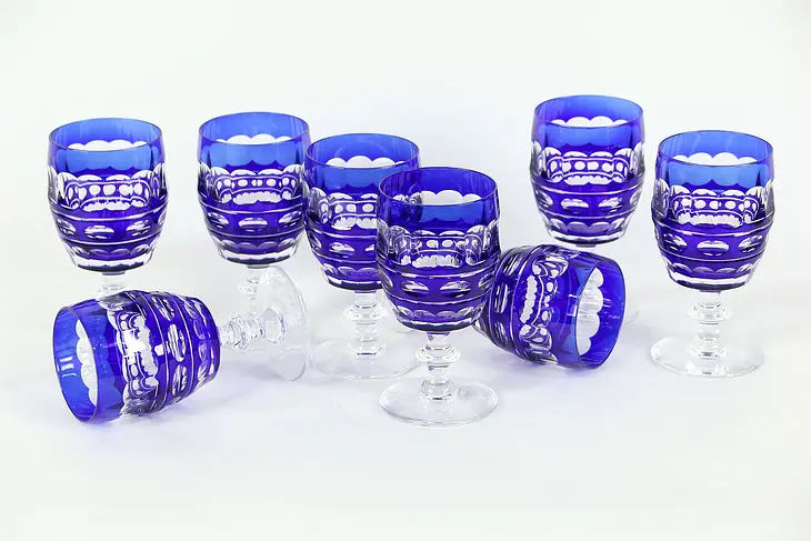Set of 8 Cobalt Blue & Clear Val St. Lambert Signed Water Goblets
