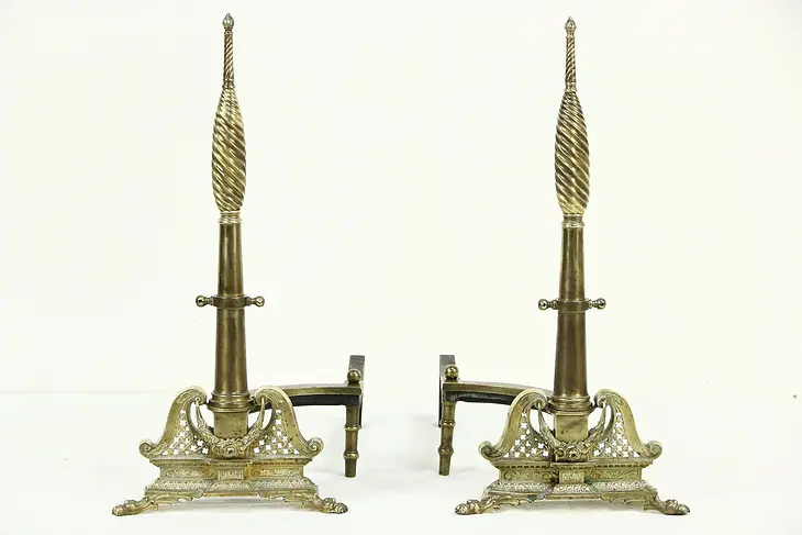 Pair Antique Brass Fireplace Andirons, Claw Feet, Spiral Columns
