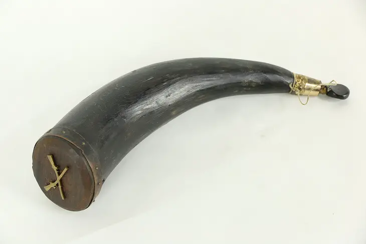 Powder Flask, 1860's Antique Natural Horn, Brass & Copper Mounts