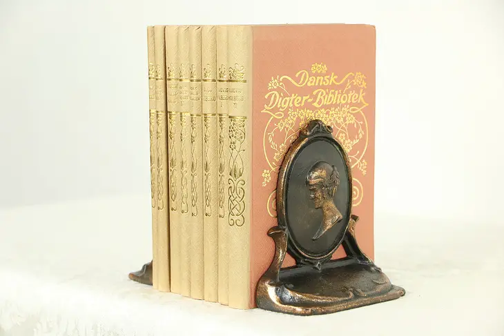 Pair of Antique 1910 Bookends, Lady Cameo Design