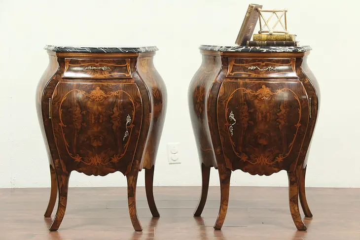 Walnut Marquetry Antique Bombe Pair Chests, Nightstands, End Tables Italy #29075