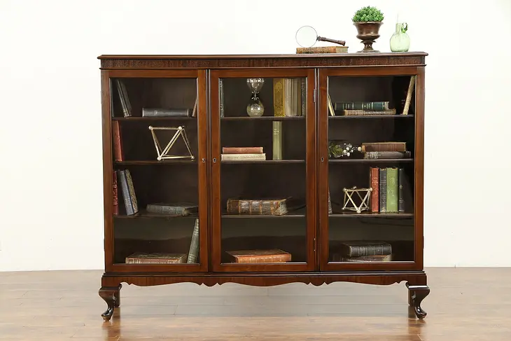 Triple Antique Mahogany Library Bookcase, Original Wavy Glass, Colby  #30906