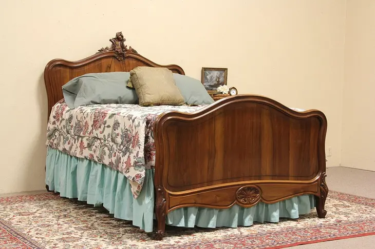 Carved French Walnut Full Size Antique 1900 Bed