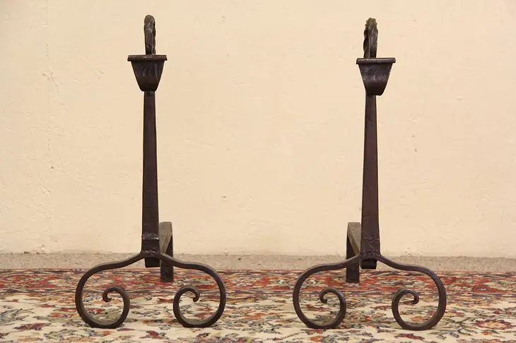 Pair of 1870 Antique Hand Wrought Iron Fireplace Andirons