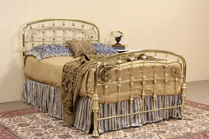 Victorian Style Vintage Brass Full Size Bed, Marble Mounts