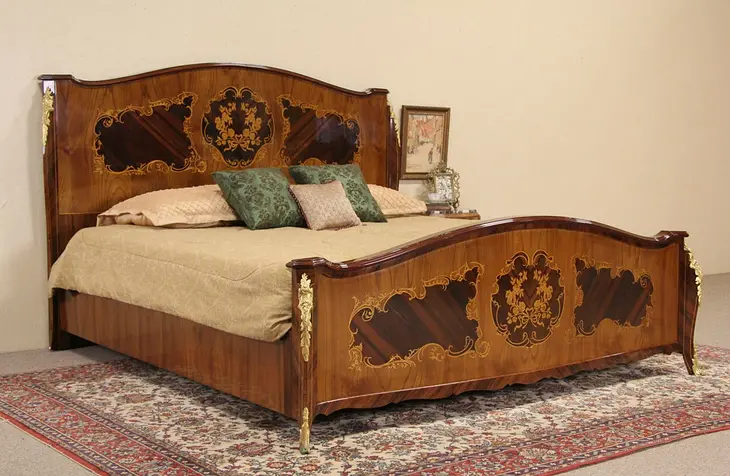 Italian Rosewood Marquetry King Size Vintage Bed, Gold Mounts