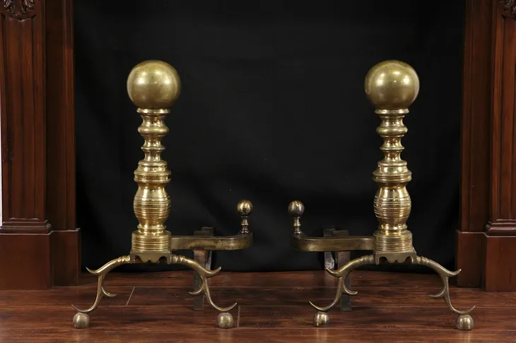 Pair of Brass Cannonball 1890's Antique Fireplace Andirons, Harvin of Baltimore
