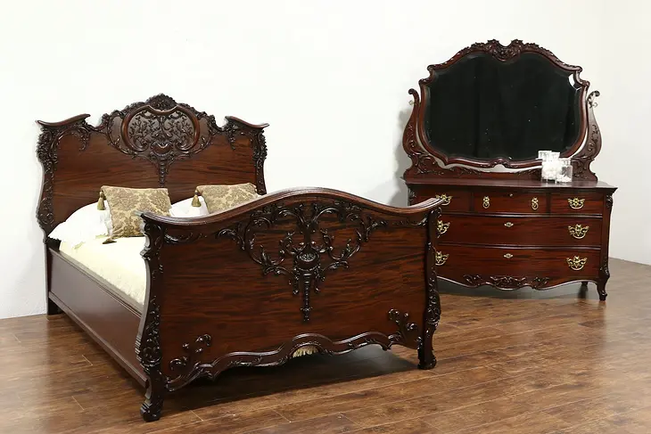 Carved Antique 1900 Mahogany 2 Pc. Bedroom Set, Full Size Bed, Dresser & Mirror