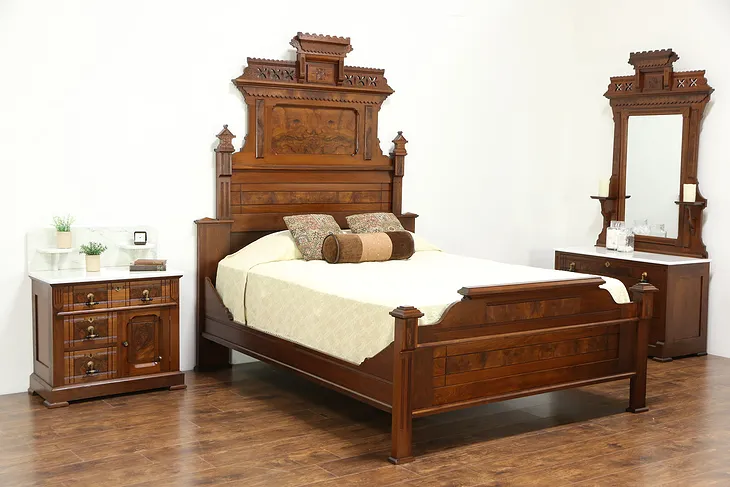 Victorian Eastlake Antique 1875 Walnut Queen Size 3 Pc. Bedroom Set, Marble Tops