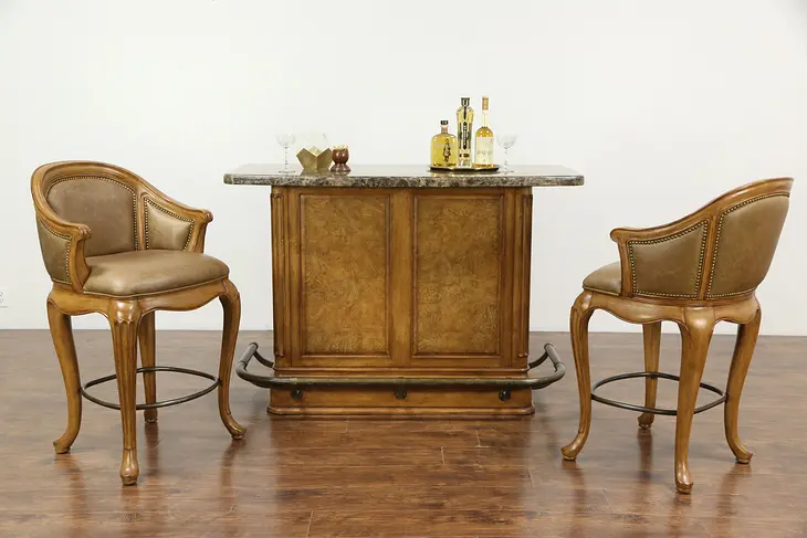 Marble Top Bar, Brass Rail & 2 Leather Stools, Signed Thomasville